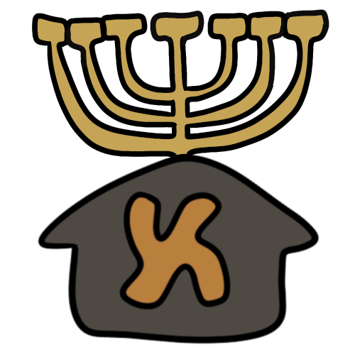  a gold temple menorah above a gray house with an orange aleph on it